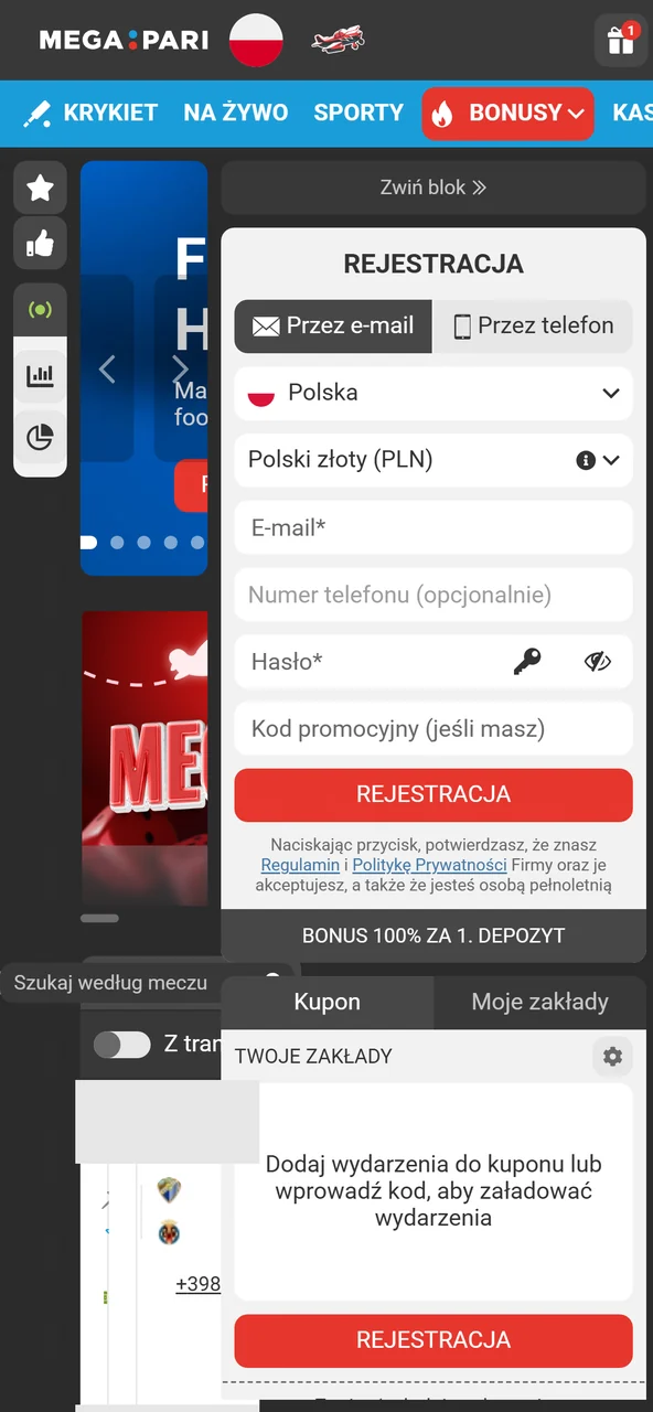Strona główna w aplikacji Megapari