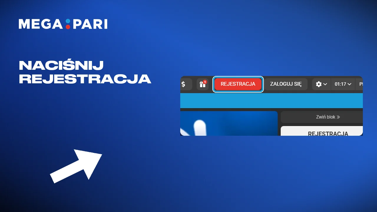 Otwarcie Megapari i kliknięcie rejestracji w górnym menu